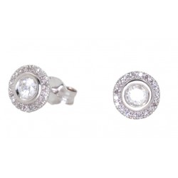 PENDIENTES ORO BLANCO REDONDOS CON UN BRILLANTE CENTRAL EMBOQUILLADO Y ORLA DE DIAMANTES