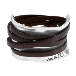 PULSERA UNO DE 50 IBIZA CUERO MARRON Y METAL PLATEADO